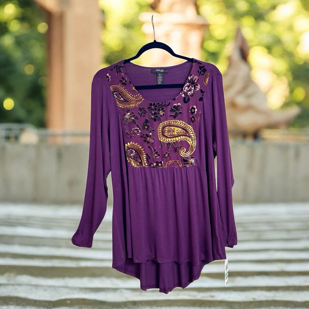 Style & Co Blouse Size OX Paisley Floral Velvet Front Panel Long Sleeve Top New - Picture 13 of 13